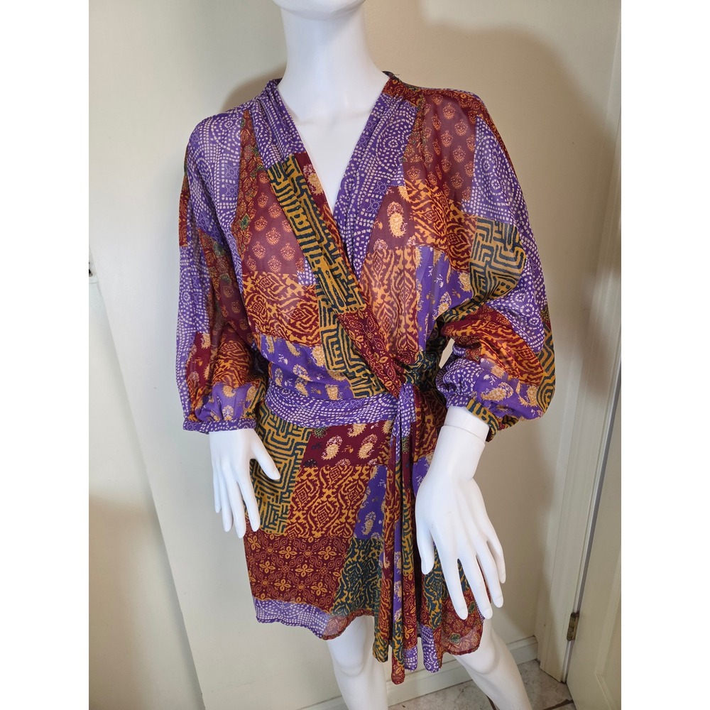 Zara Womens XS Patchwork Print Sheer Wrap Mini Dress Purple Gold Boho